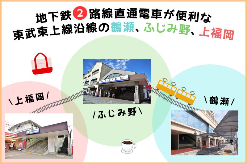 地下鉄2路線直通電車が便利な東武東上線沿線の鶴瀬、ふじみ野、上福岡
