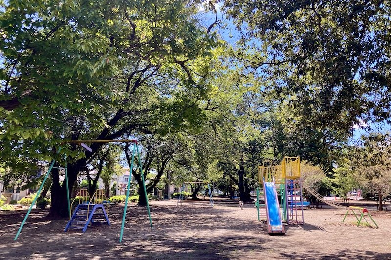 「吉野公園」の木々に囲まれた遊具